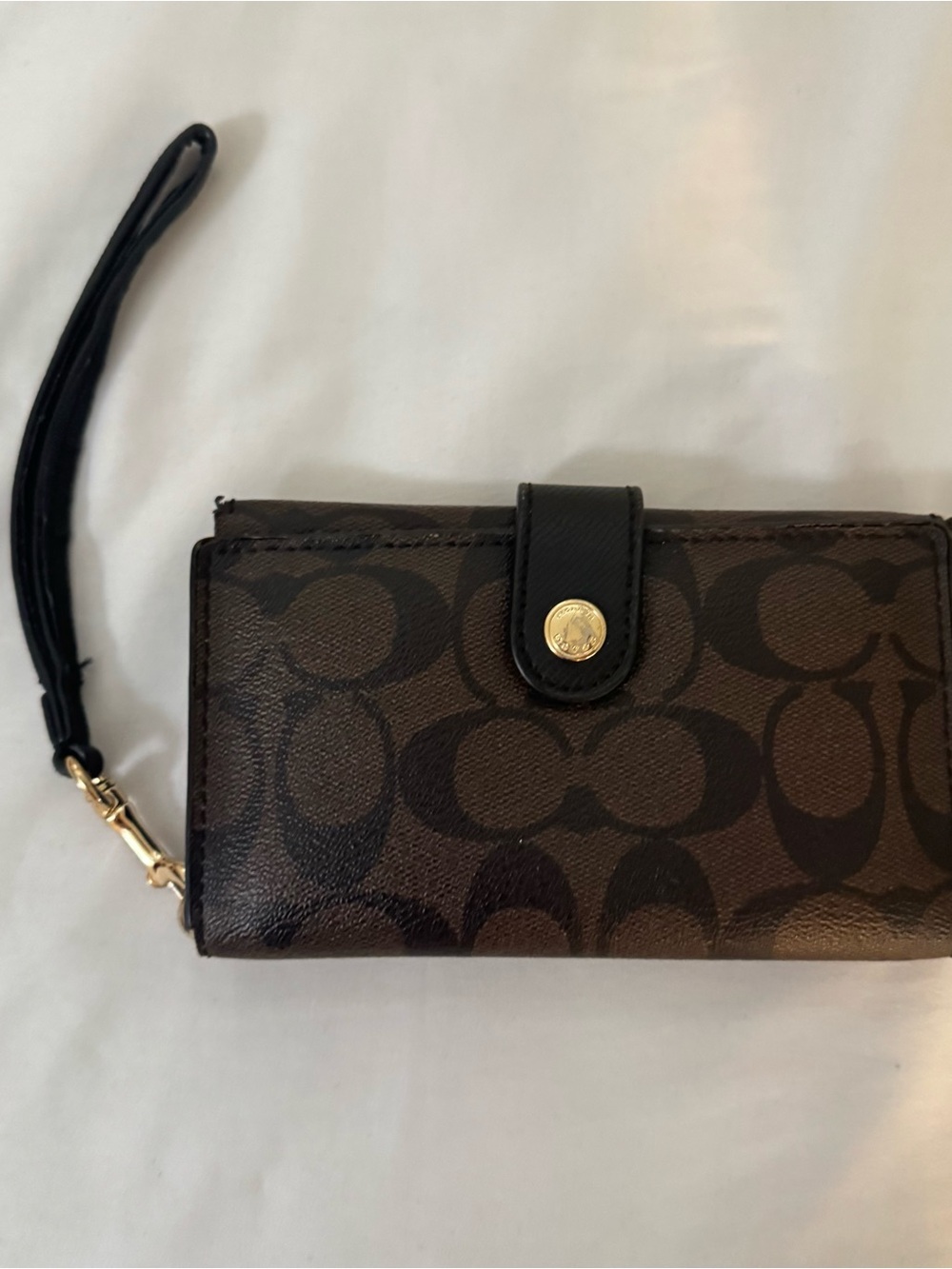Coach Brown Signature Wristlet with Black Strap